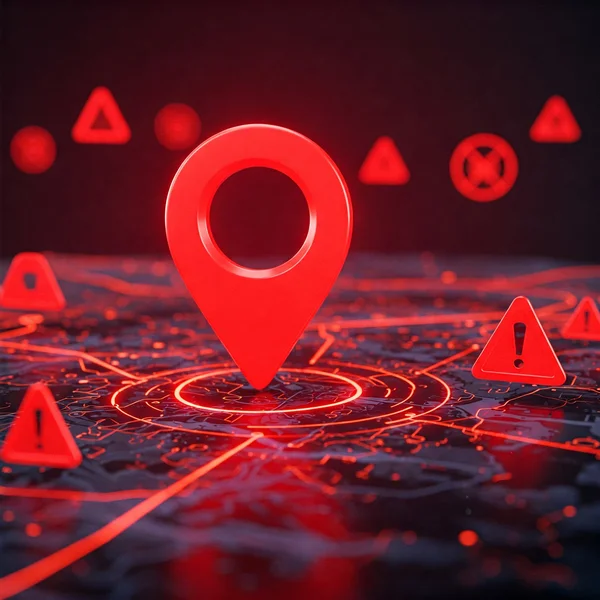 Visual abstrato de um pino de localização em um mapa com sinais de alerta