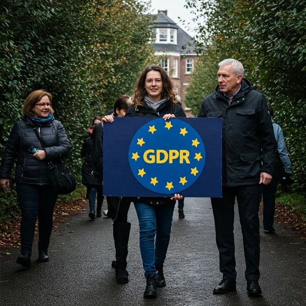 Ícone estilizado de escudo GDPR protegendo fluxos de dados digitais