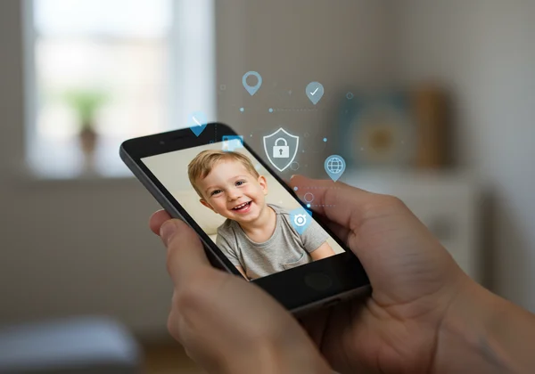 Экран смартфона с семейной фотографией и иконками конфиденциальности данных