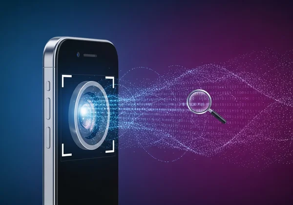 Une loupe révélant des données cachées dans une icône de photo