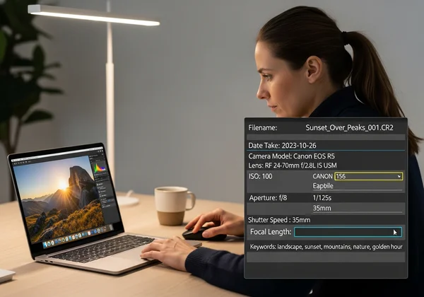Photographe vérifiant des métadonnées sur un écran d'ordinateur portable