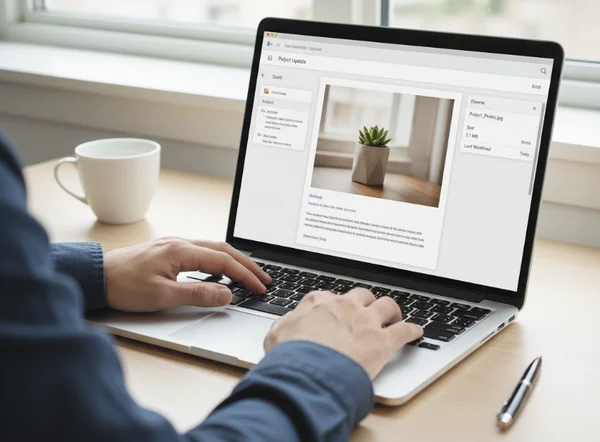 Email photo review on laptop