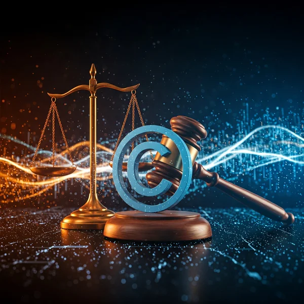 Stilisierter Hammer und Copyright-Symbol mit digitalen Datenströmen