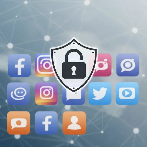 Ícones de mídia social com um símbolo de cadeado de privacidade sobreposto