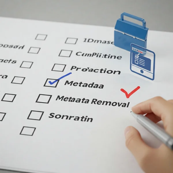 Checklist with GDPR compliance and metadata removal tool icon