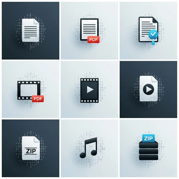 Abstract representation of various file types with data bits