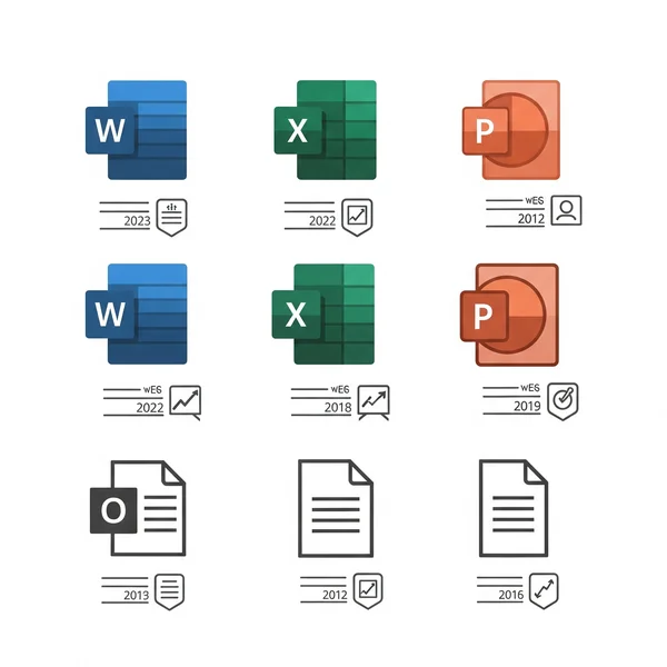 Icon array: Word, Excel, PowerPoint docs with metadata tags