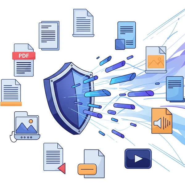 Shield icon protecting various file types from data leaks