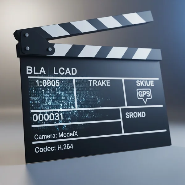 Film clapperboard with digital data overlay for video meta