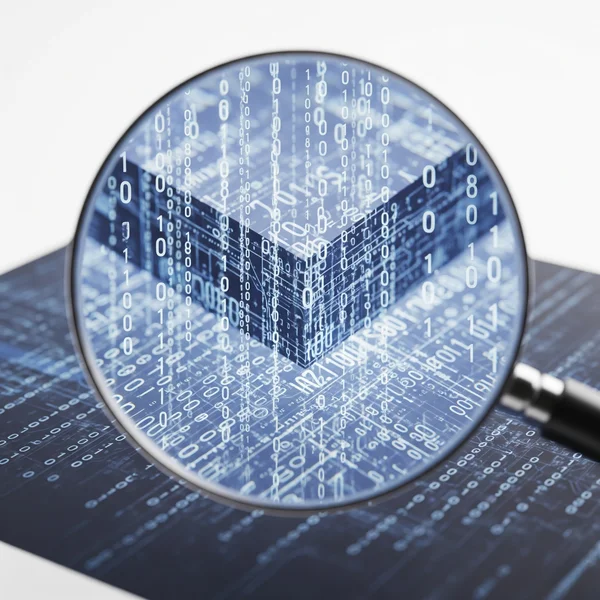 Kanta pembesar di atas imej yang menunjukkan data digital untuk dikenal pasti