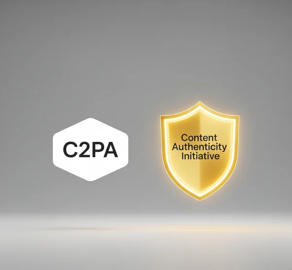 Logo atau ikon C2PA dengan perisai untuk ketulenan kandungan