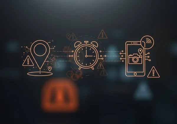 Icons representing GPS, time, and camera device, linking to risks