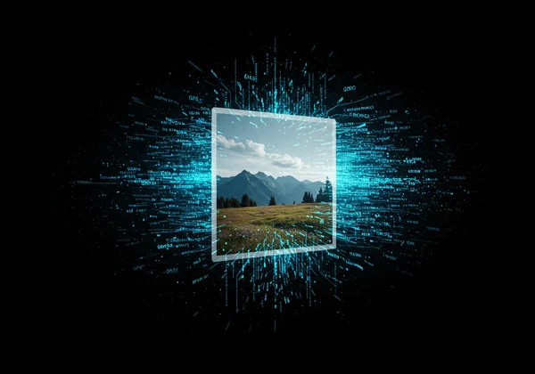 Abstract image of a photo with data flowing out of it