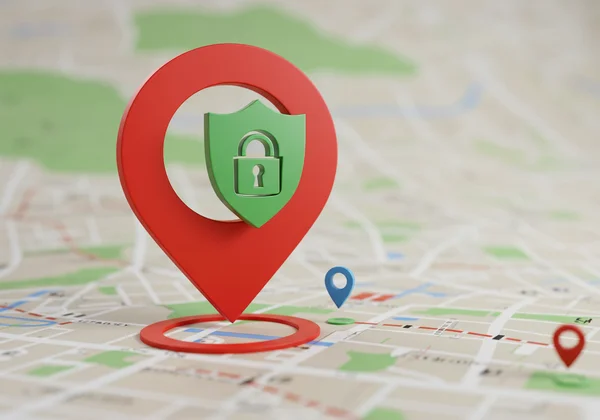 Map pin with privacy shield, showing geotagging risks