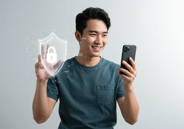 Person confidently sharing photos with a digital privacy shield