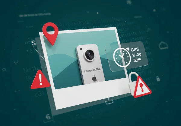 Photo with hidden metadata layers revealing sensitive data